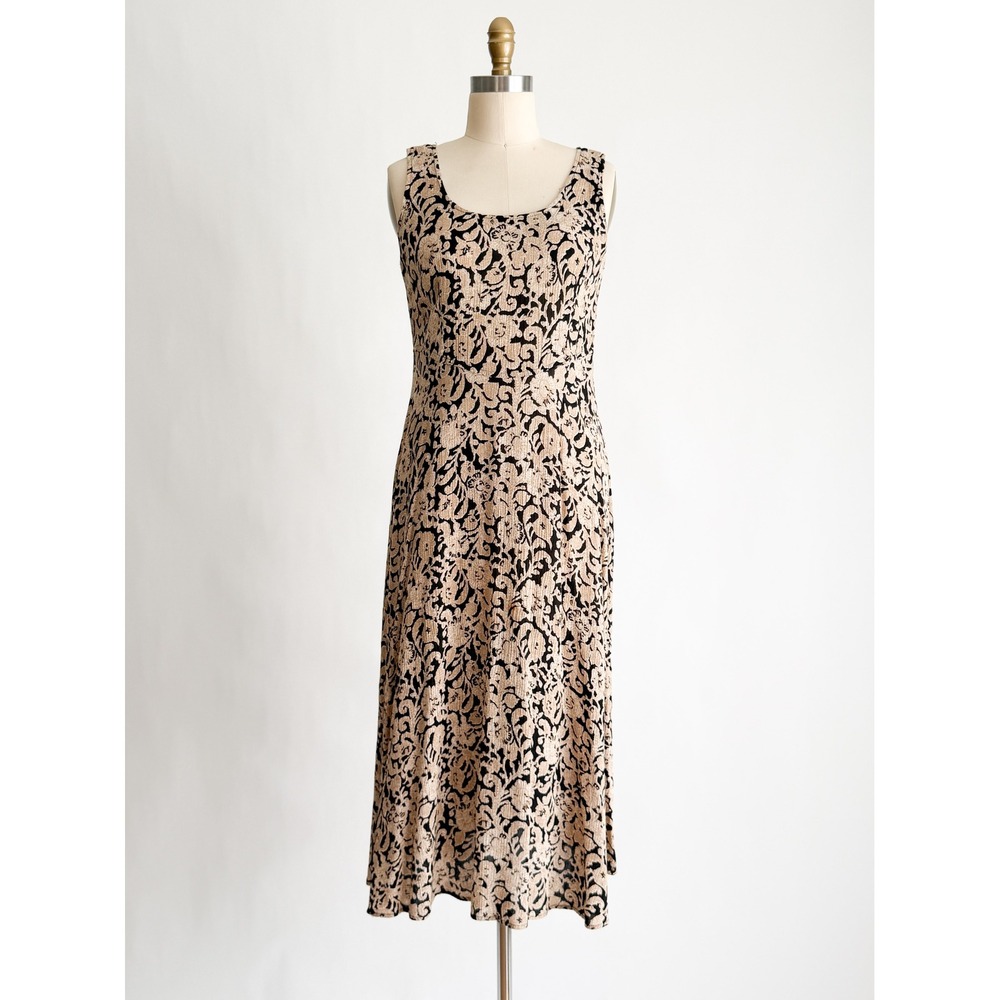 Rabbit Rabbit Designs Vintage Floral Midi Dress Tan Black Rayon Sleeveless USA